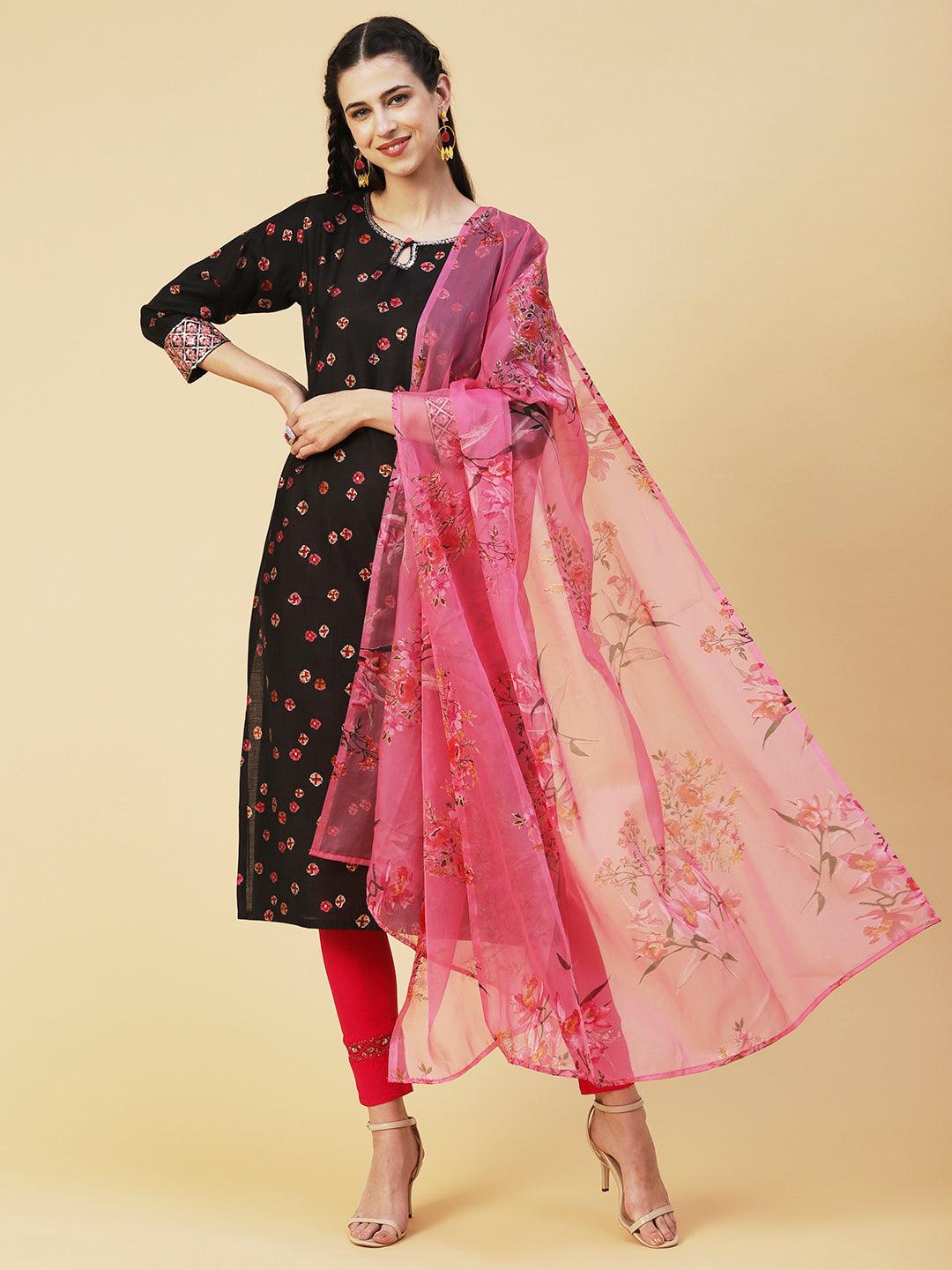 Abstract Floral Printed Embroidered Kurta With Printed Dupatta - Black - Indiakreations