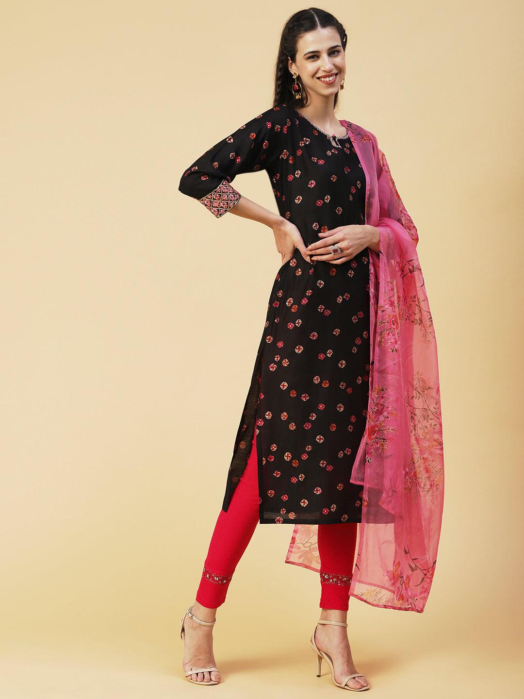 Abstract Floral Printed Embroidered Kurta With Printed Dupatta - Black - Indiakreations