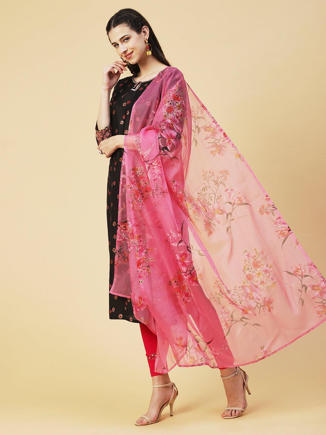 Abstract Floral Printed Embroidered Kurta With Printed Dupatta - Black - Indiakreations