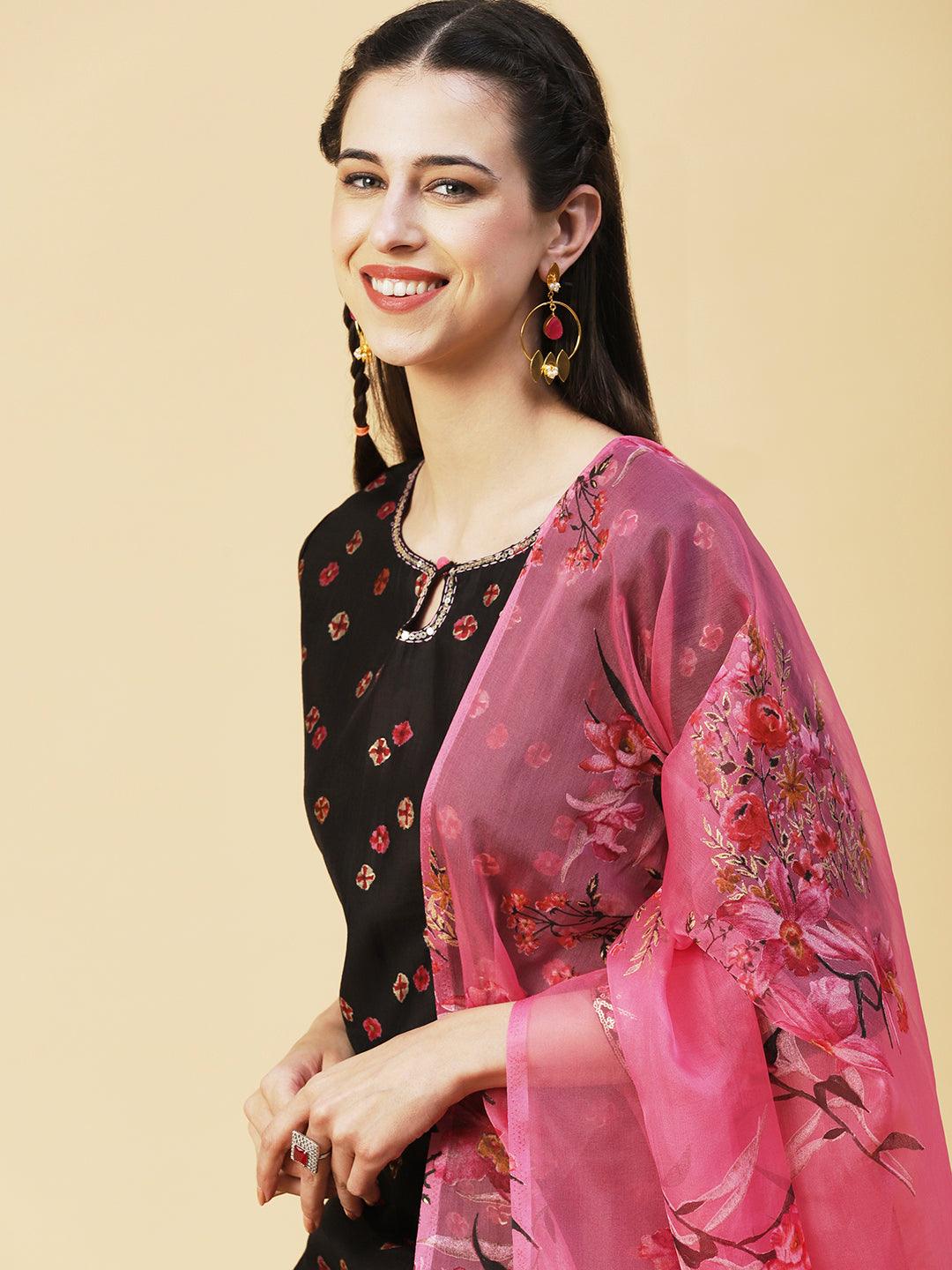 Abstract Floral Printed Embroidered Kurta With Printed Dupatta - Black - Indiakreations