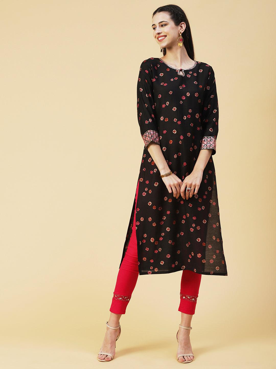 Abstract Floral Printed Embroidered Kurta With Printed Dupatta - Black - Indiakreations