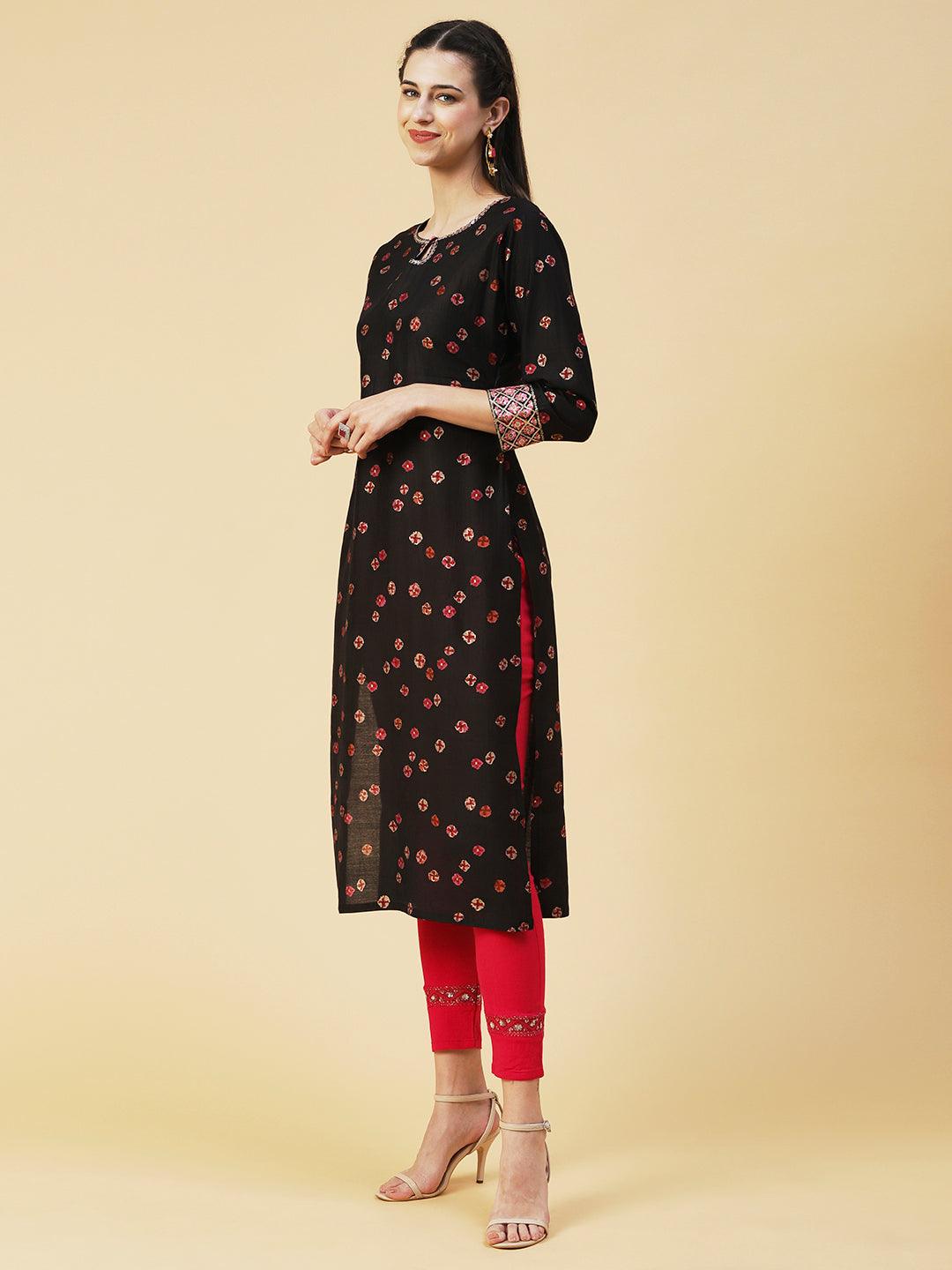 Abstract Floral Printed Embroidered Kurta With Printed Dupatta - Black - Indiakreations