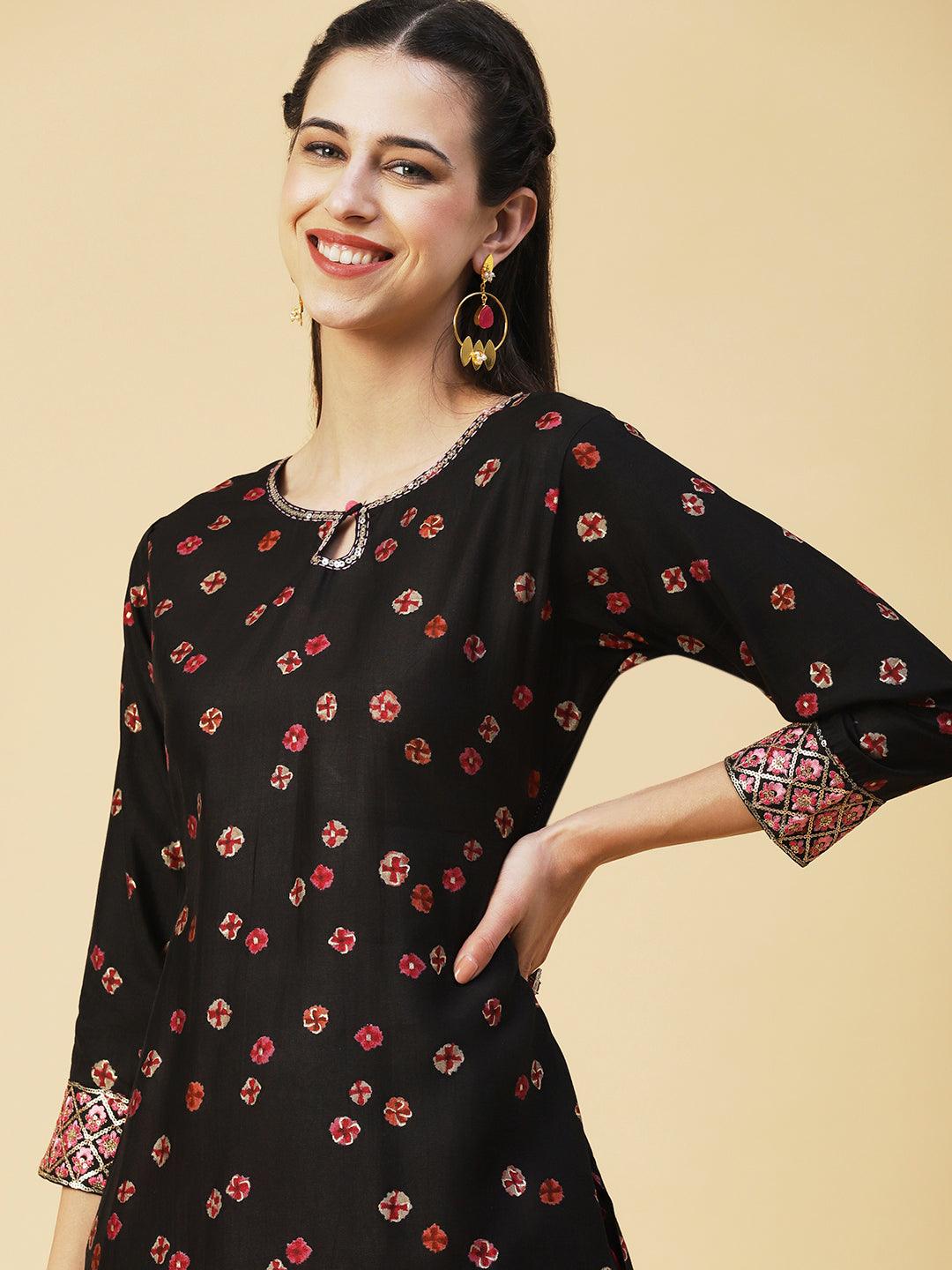 Abstract Floral Printed Embroidered Kurta With Printed Dupatta - Black - Indiakreations