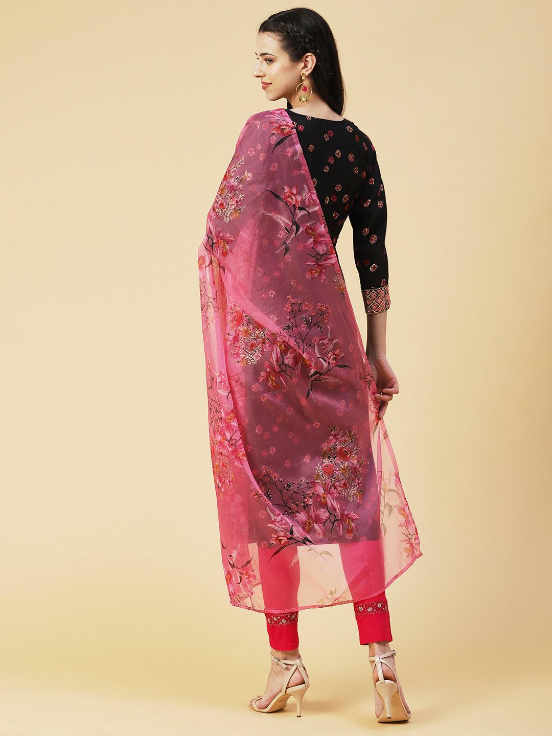 Abstract Floral Printed Embroidered Kurta With Printed Dupatta - Black - Indiakreations