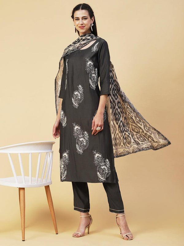 Solid Resham Dori Embroidered Kurta With Pants & Printed Dupatta - Dark Grey - Indiakreations