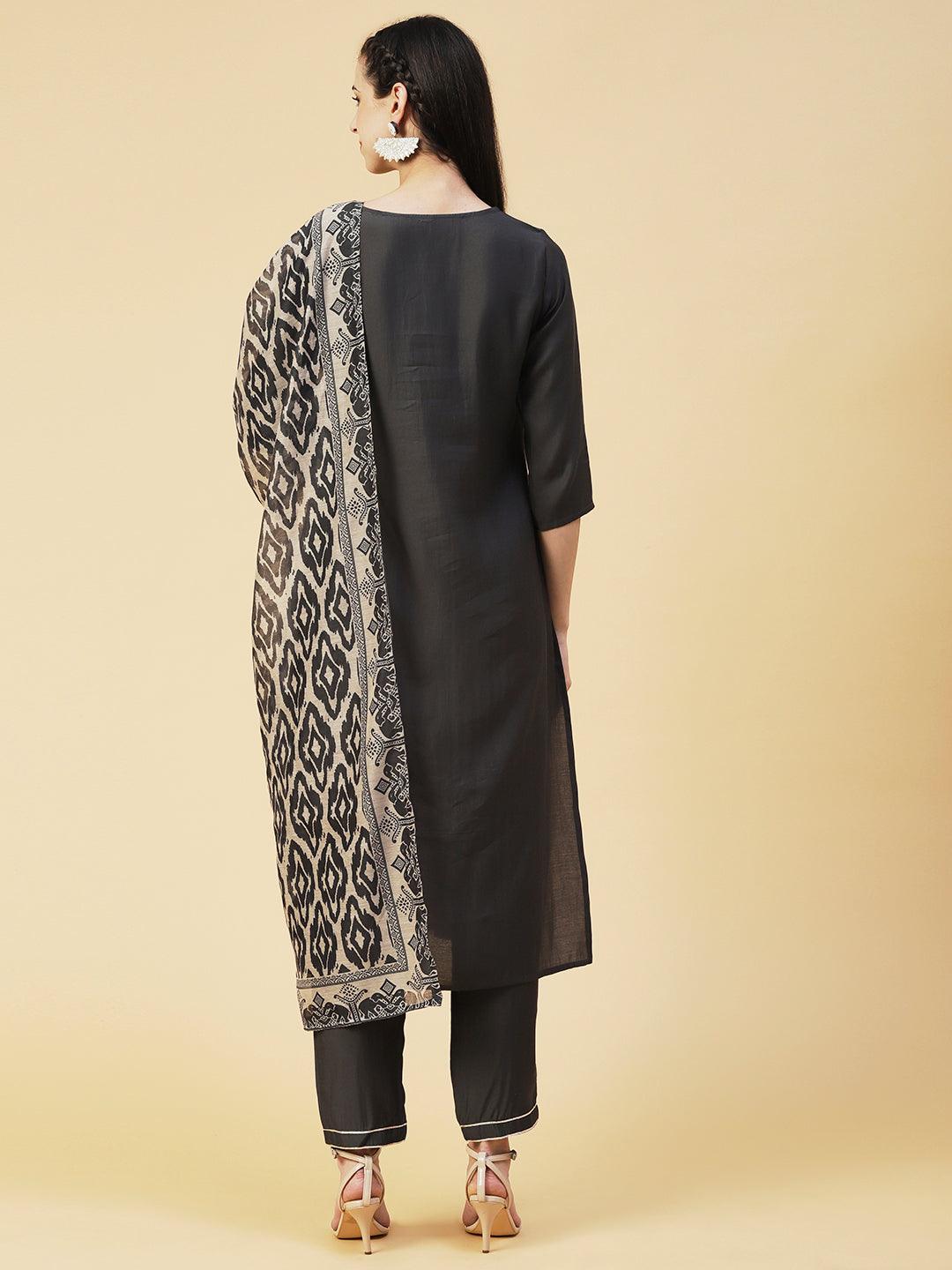 Solid Resham Dori Embroidered Kurta With Pants & Printed Dupatta - Dark Grey - Indiakreations