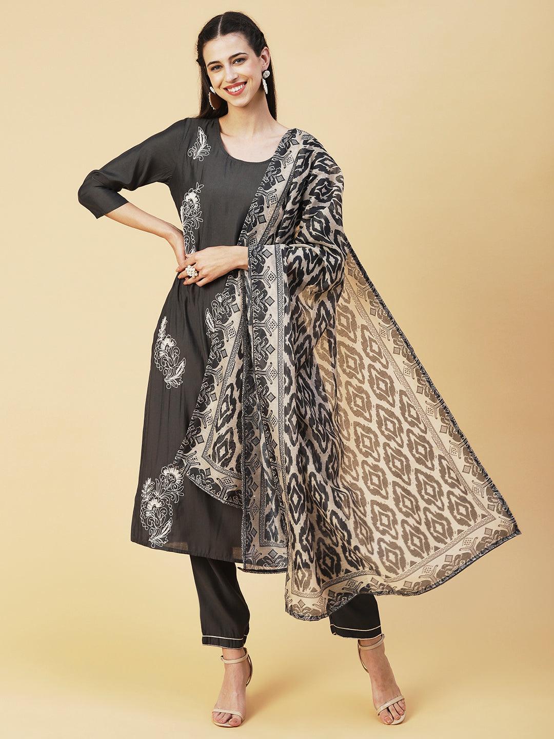 Solid Resham Dori Embroidered Kurta With Pants & Printed Dupatta - Dark Grey - Indiakreations