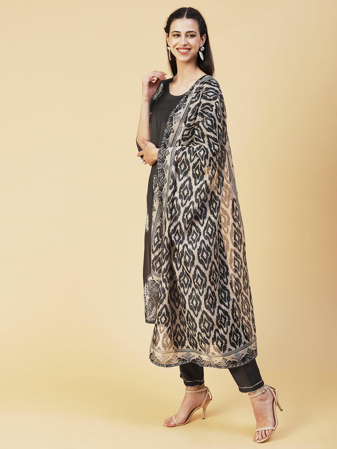 Solid Resham Dori Embroidered Kurta With Pants & Printed Dupatta - Dark Grey - Indiakreations