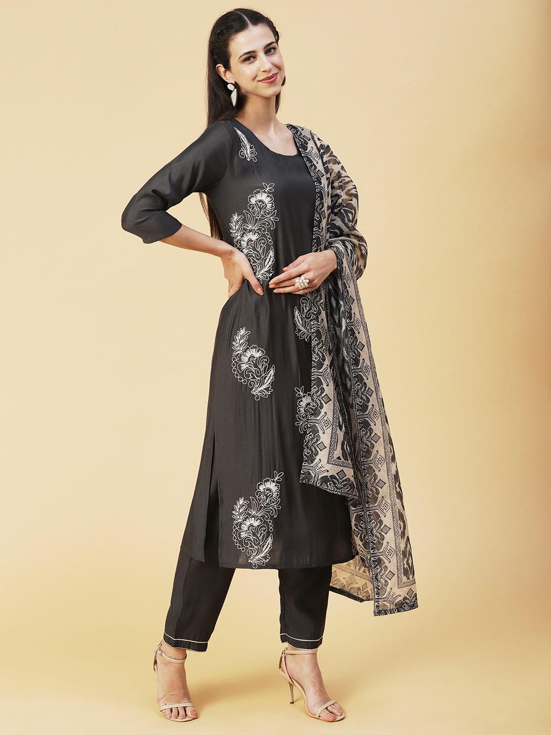 Solid Resham Dori Embroidered Kurta With Pants & Printed Dupatta - Dark Grey - Indiakreations