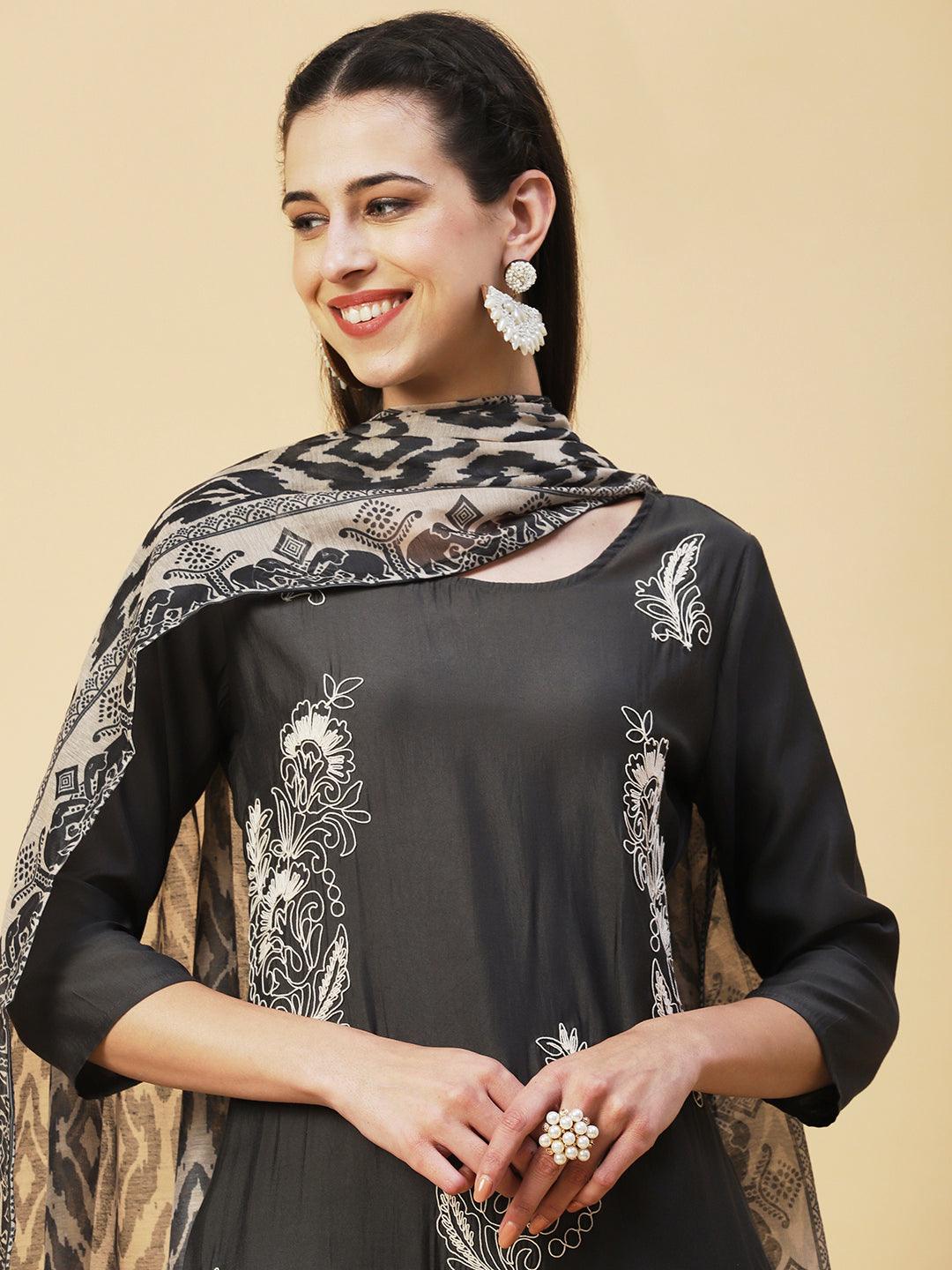 Solid Resham Dori Embroidered Kurta With Pants & Printed Dupatta - Dark Grey - Indiakreations