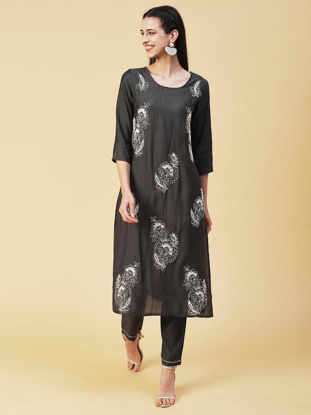 Solid Resham Dori Embroidered Kurta With Pants & Printed Dupatta - Dark Grey - Indiakreations