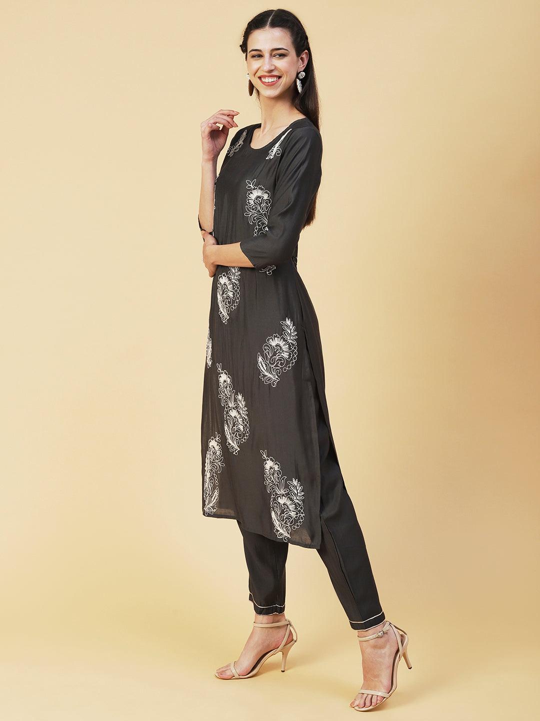 Solid Resham Dori Embroidered Kurta With Pants & Printed Dupatta - Dark Grey - Indiakreations