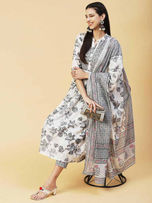 Floral Printed Hand Embroidered Kurta With Pants & Dupatta - White - Indiakreations