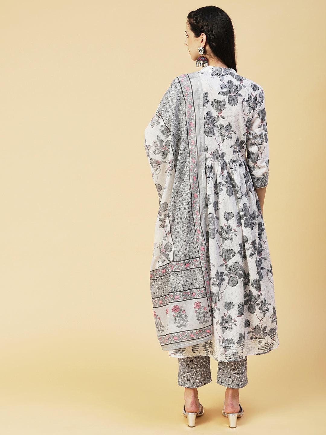 Floral Printed Hand Embroidered Kurta With Pants & Dupatta - White - Indiakreations