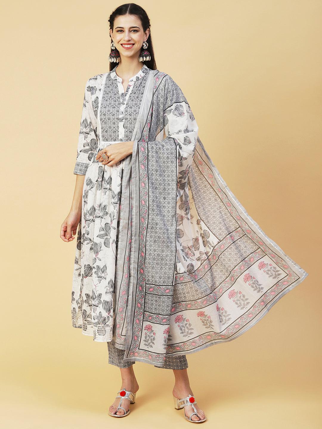 Floral Printed Hand Embroidered Kurta With Pants & Dupatta - White - Indiakreations