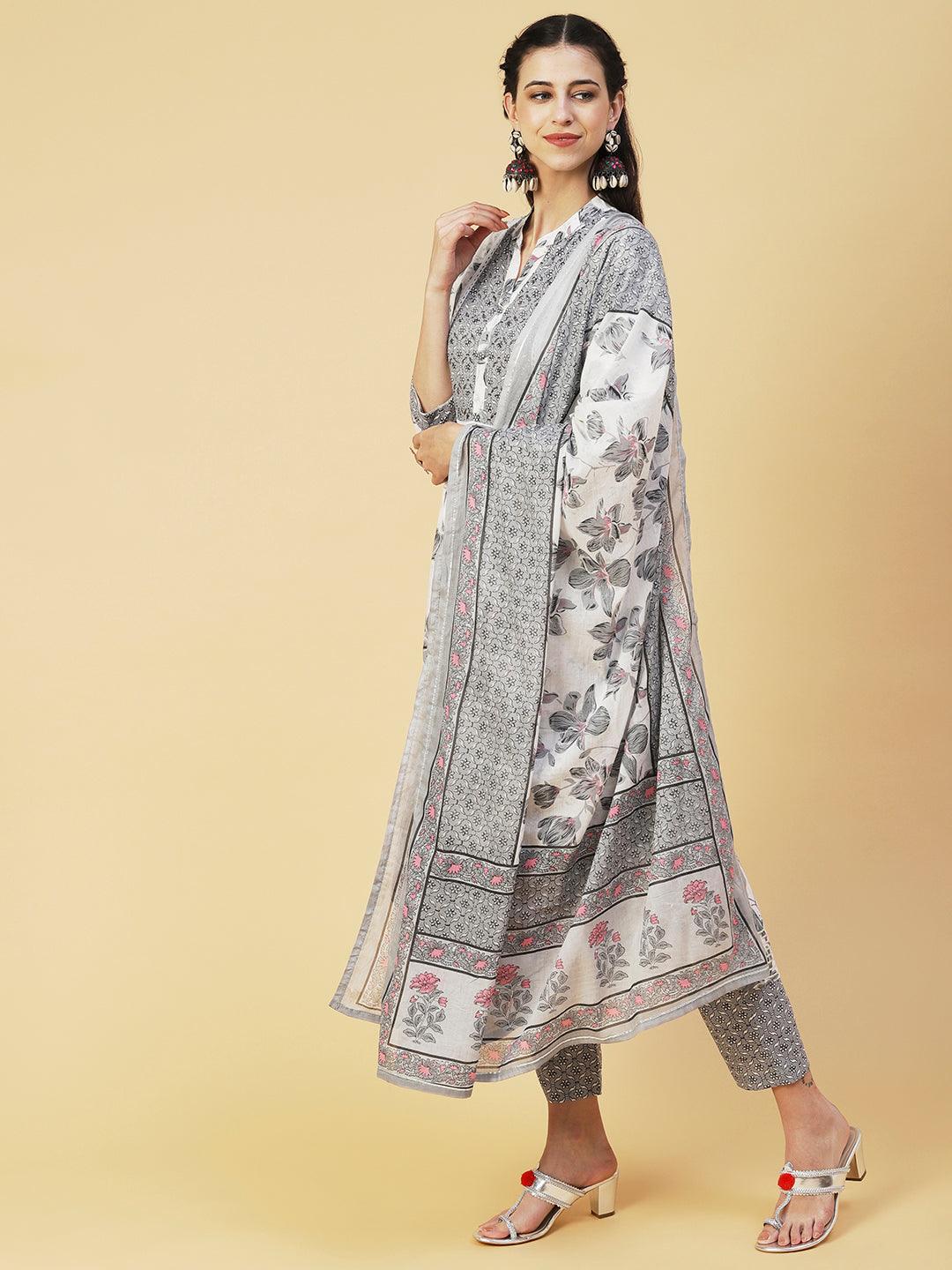 Floral Printed Hand Embroidered Kurta With Pants & Dupatta - White - Indiakreations