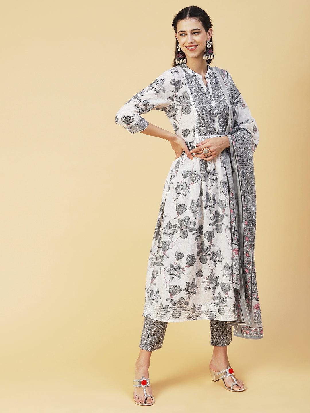 Floral Printed Hand Embroidered Kurta With Pants & Dupatta - White - Indiakreations