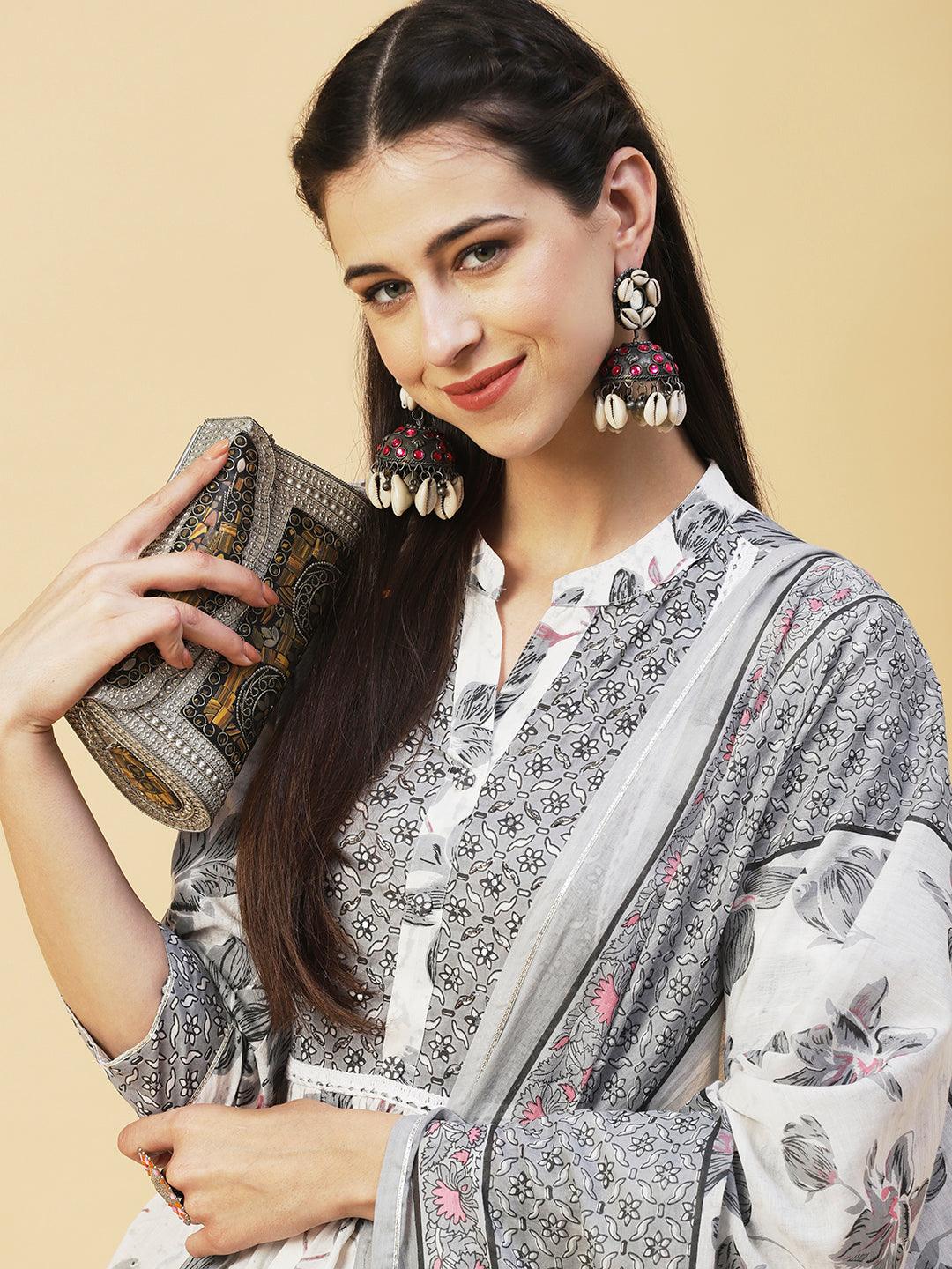 Floral Printed Hand Embroidered Kurta With Pants & Dupatta - White - Indiakreations