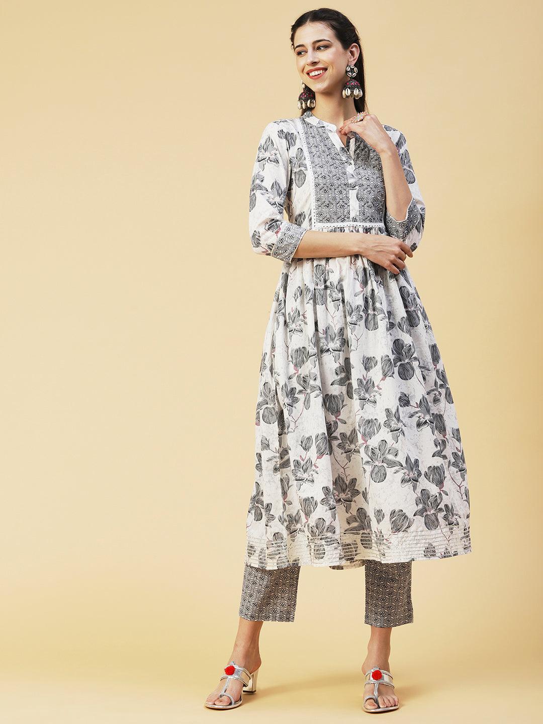 Floral Printed Hand Embroidered Kurta With Pants & Dupatta - White - Indiakreations