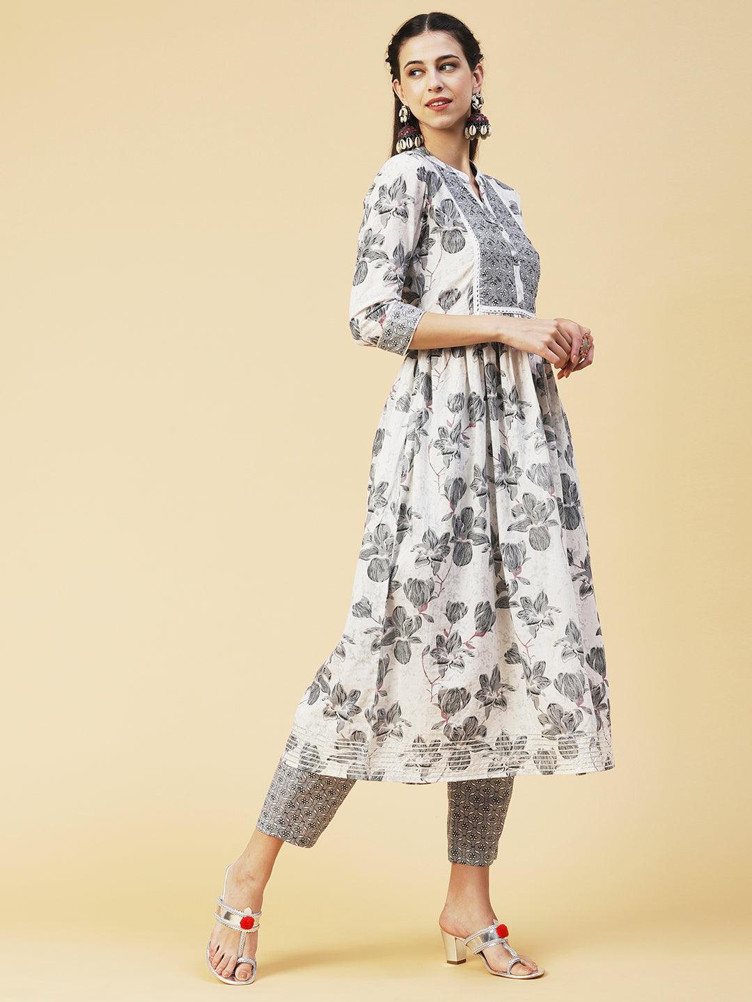 Floral Printed Hand Embroidered Kurta With Pants & Dupatta - White - Indiakreations