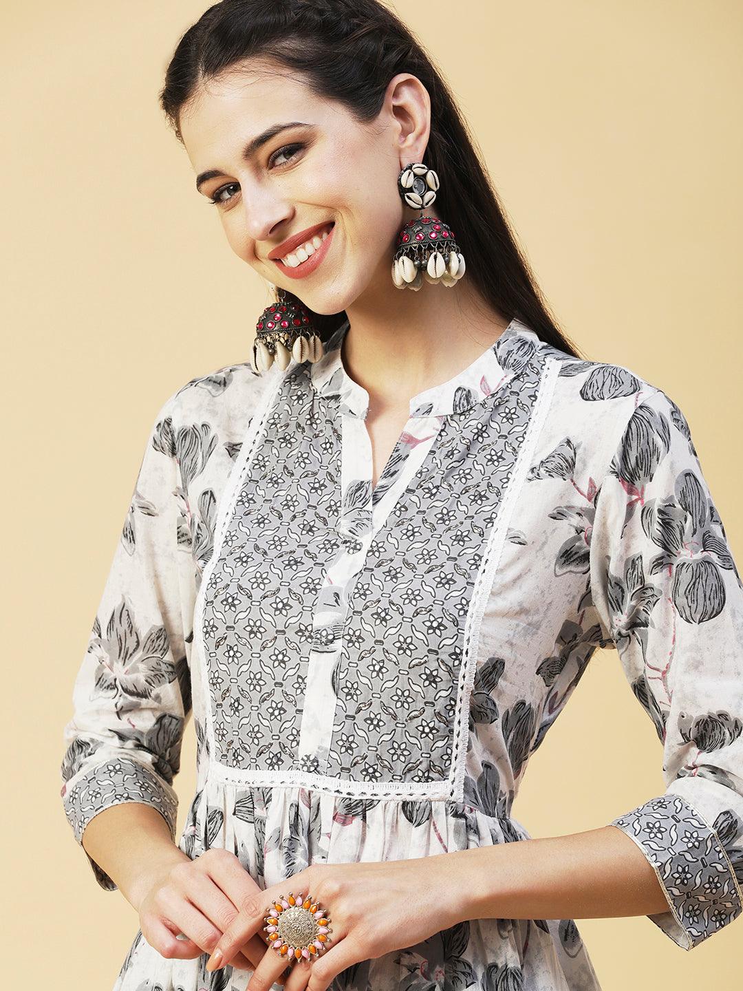 Floral Printed Hand Embroidered Kurta With Pants & Dupatta - White - Indiakreations