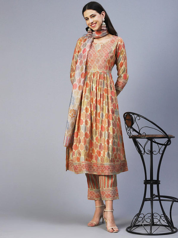 Ethnic Printed & Embroidered A-Line Kurta with Pant & Dupatta - Multi - Indiakreations