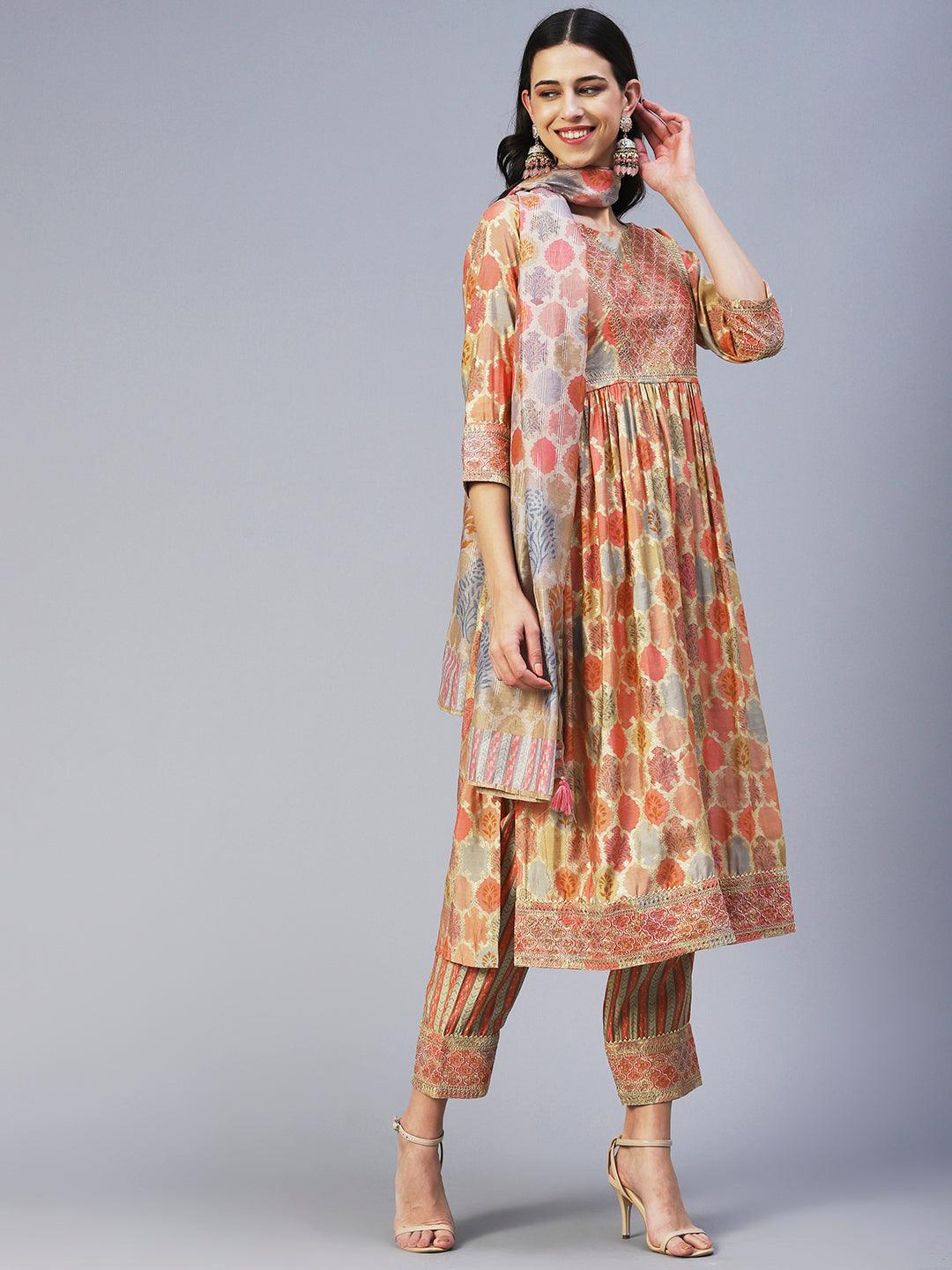 Ethnic Printed & Embroidered A-Line Kurta with Pant & Dupatta - Multi - Indiakreations