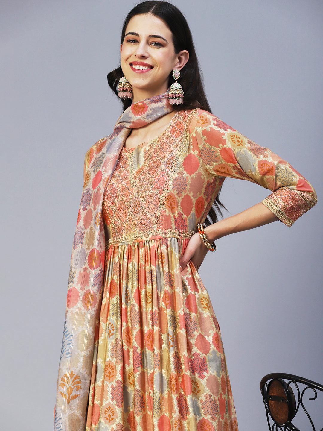 Ethnic Printed & Embroidered A-Line Kurta with Pant & Dupatta - Multi - Indiakreations