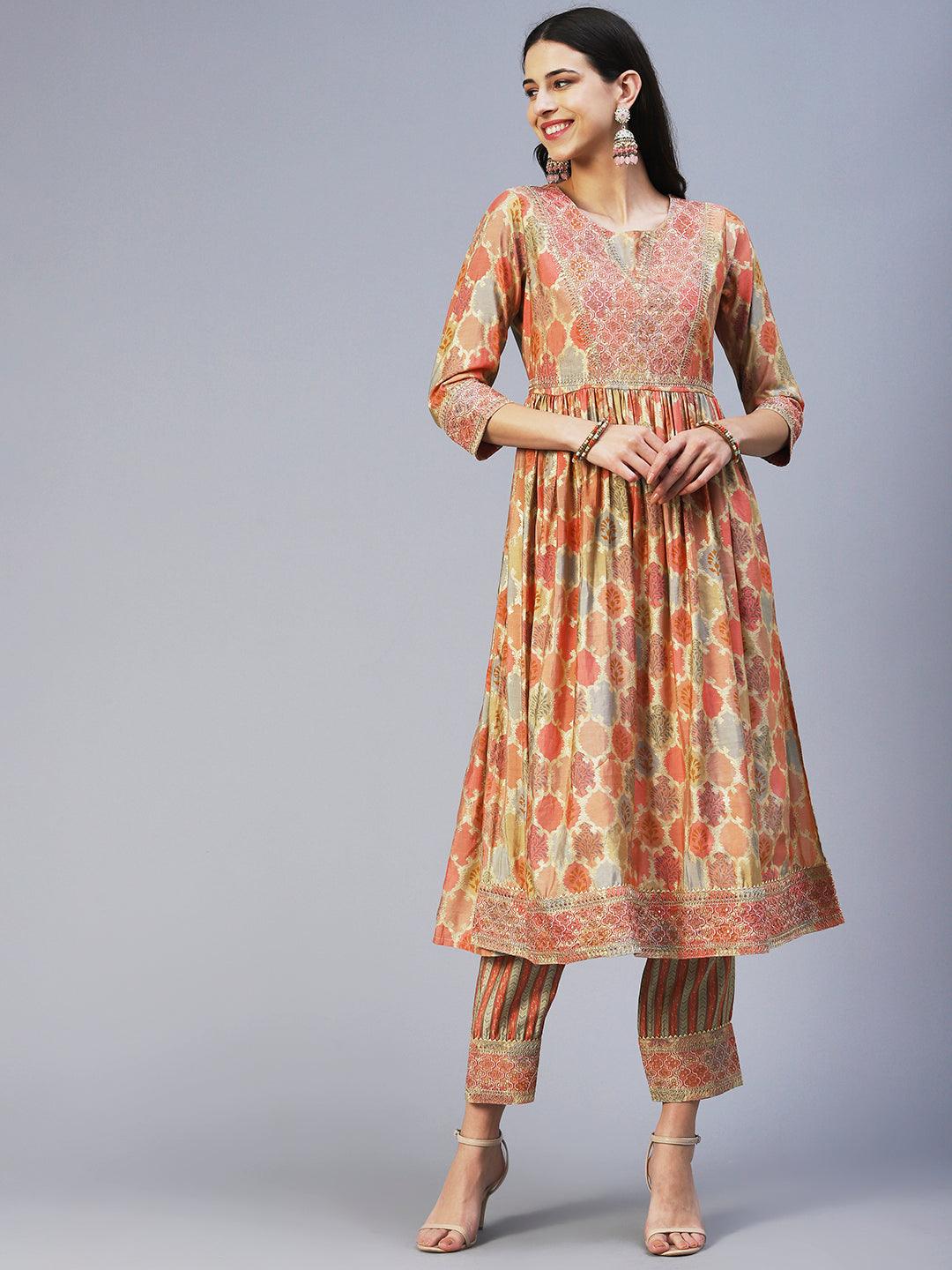 Ethnic Printed & Embroidered A-Line Kurta with Pant & Dupatta - Multi - Indiakreations