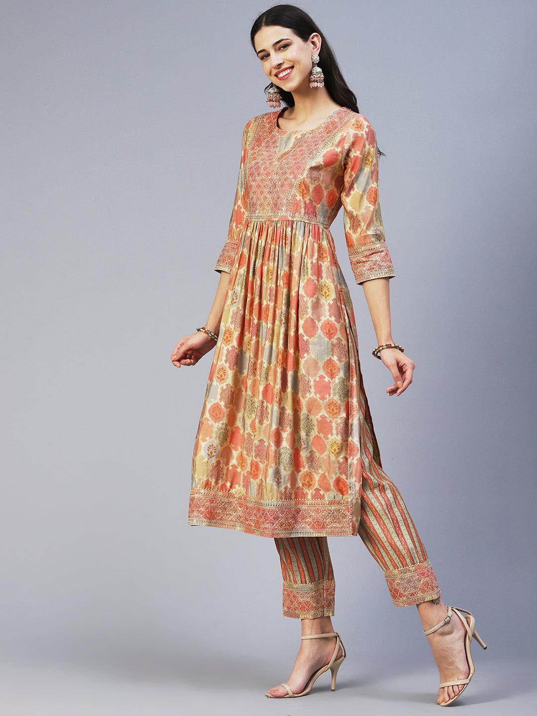 Ethnic Printed & Embroidered A-Line Kurta with Pant & Dupatta - Multi - Indiakreations