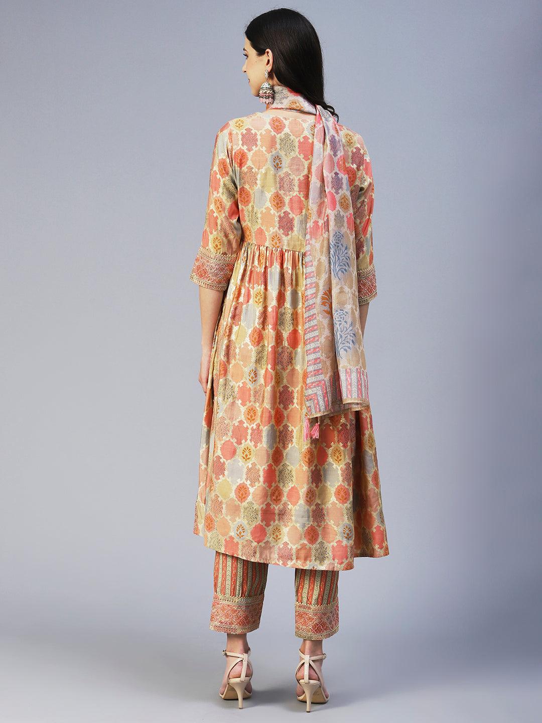 Ethnic Printed & Embroidered A-Line Kurta with Pant & Dupatta - Multi - Indiakreations