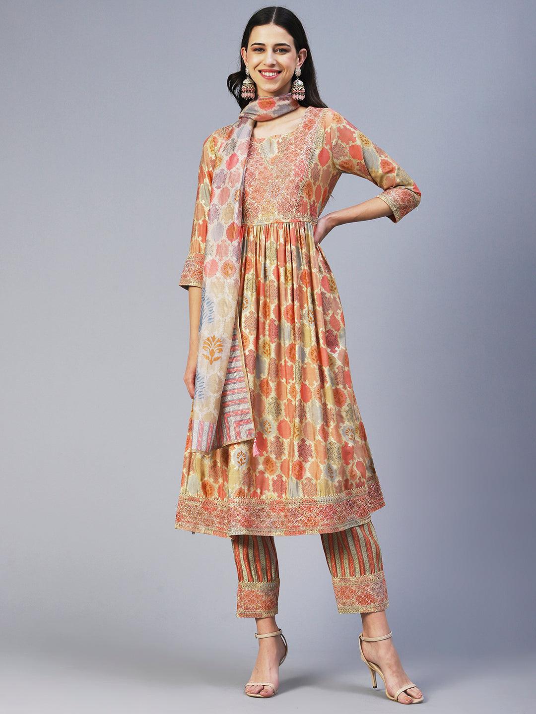 Ethnic Printed & Embroidered A-Line Kurta with Pant & Dupatta - Multi - Indiakreations