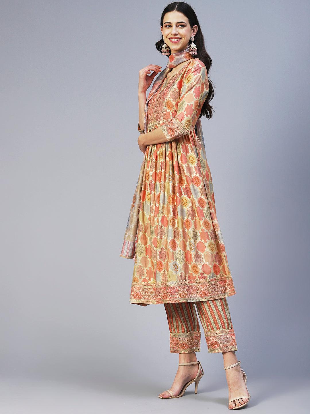 Ethnic Printed & Embroidered A-Line Kurta with Pant & Dupatta - Multi - Indiakreations