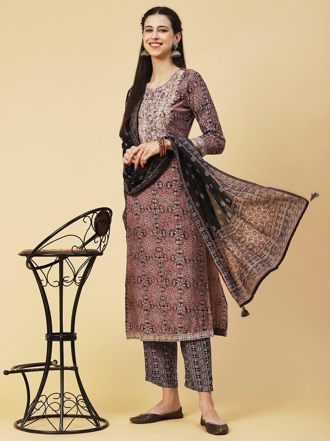 Ethnic Printed Zari Embroidered Kurta With Pants & Printed Dupatta - Maroon - Indiakreations