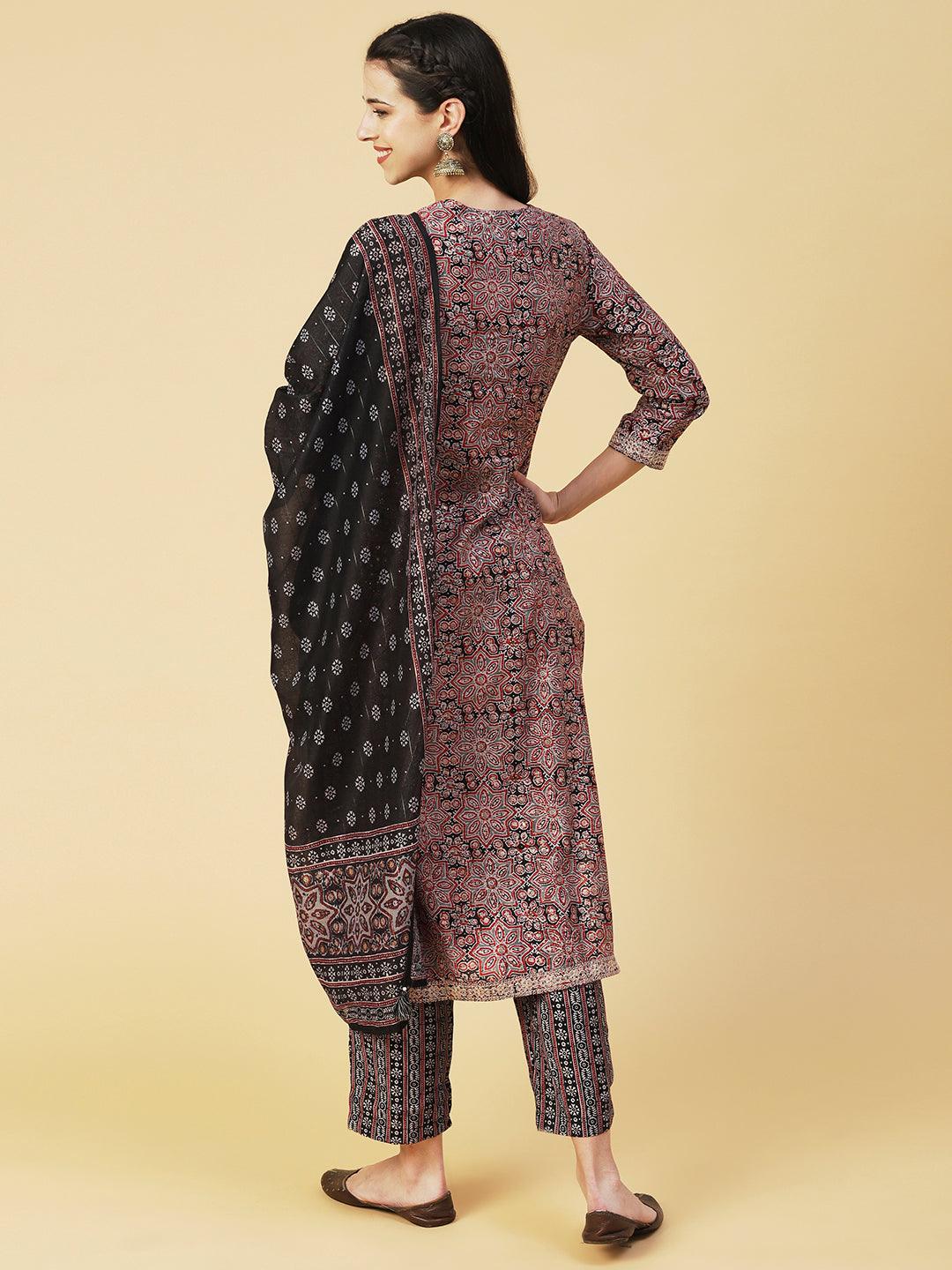 Ethnic Printed Zari Embroidered Kurta With Pants & Printed Dupatta - Maroon - Indiakreations