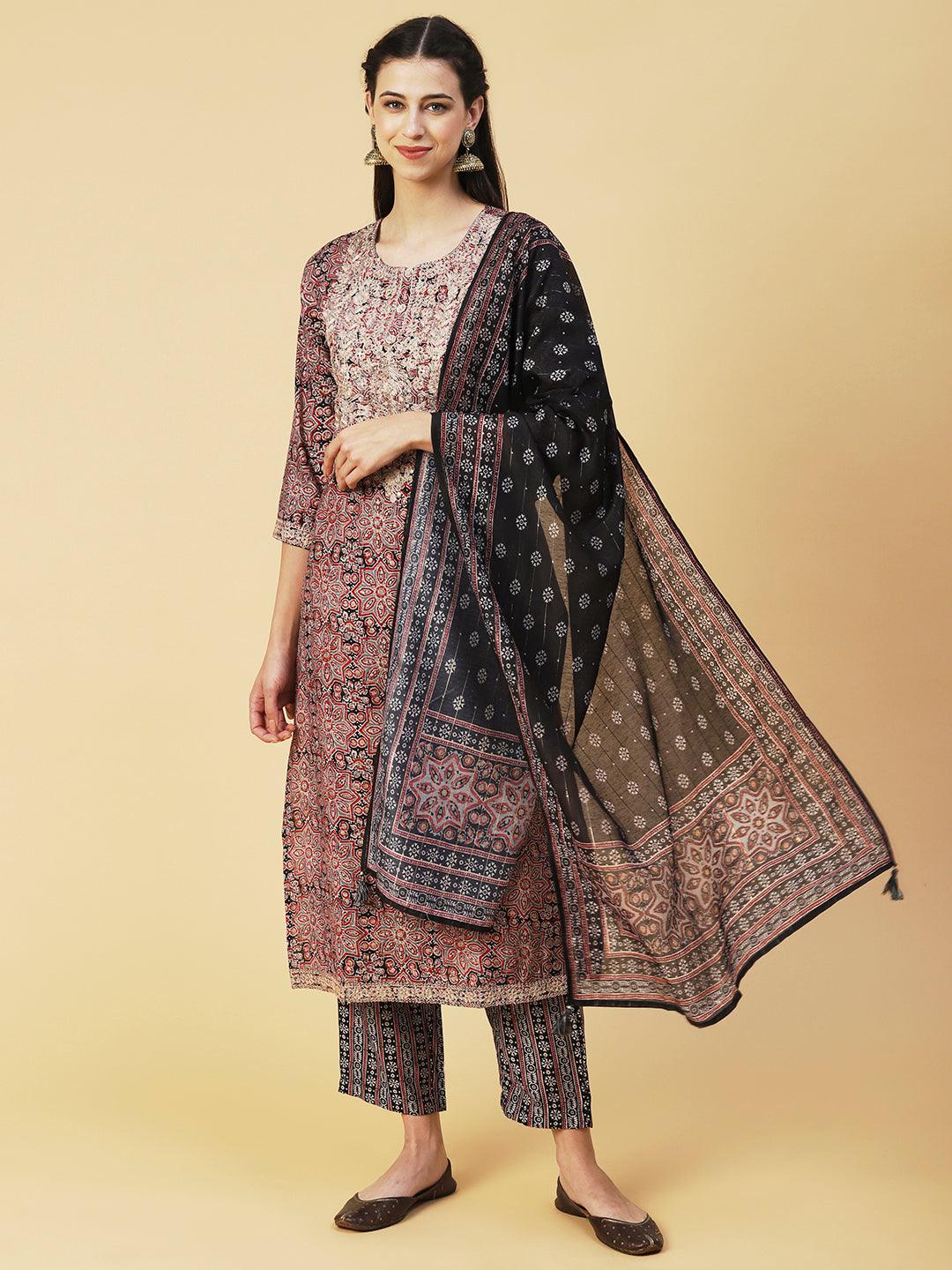 Ethnic Printed Zari Embroidered Kurta With Pants & Printed Dupatta - Maroon - Indiakreations