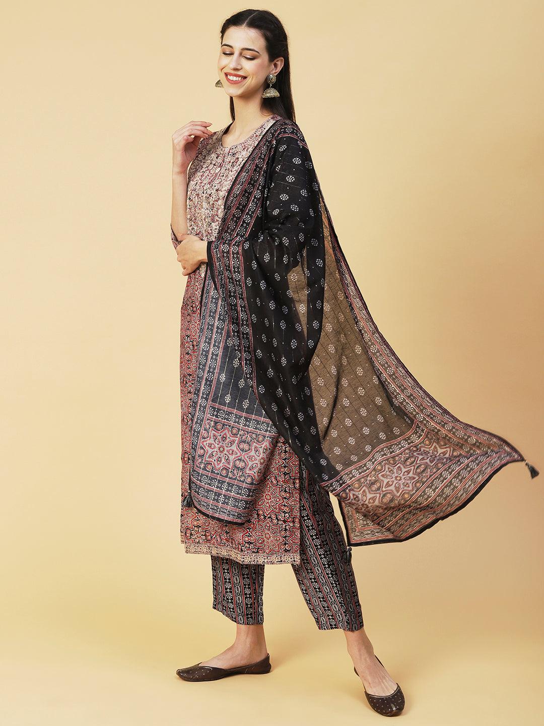 Ethnic Printed Zari Embroidered Kurta With Pants & Printed Dupatta - Maroon - Indiakreations