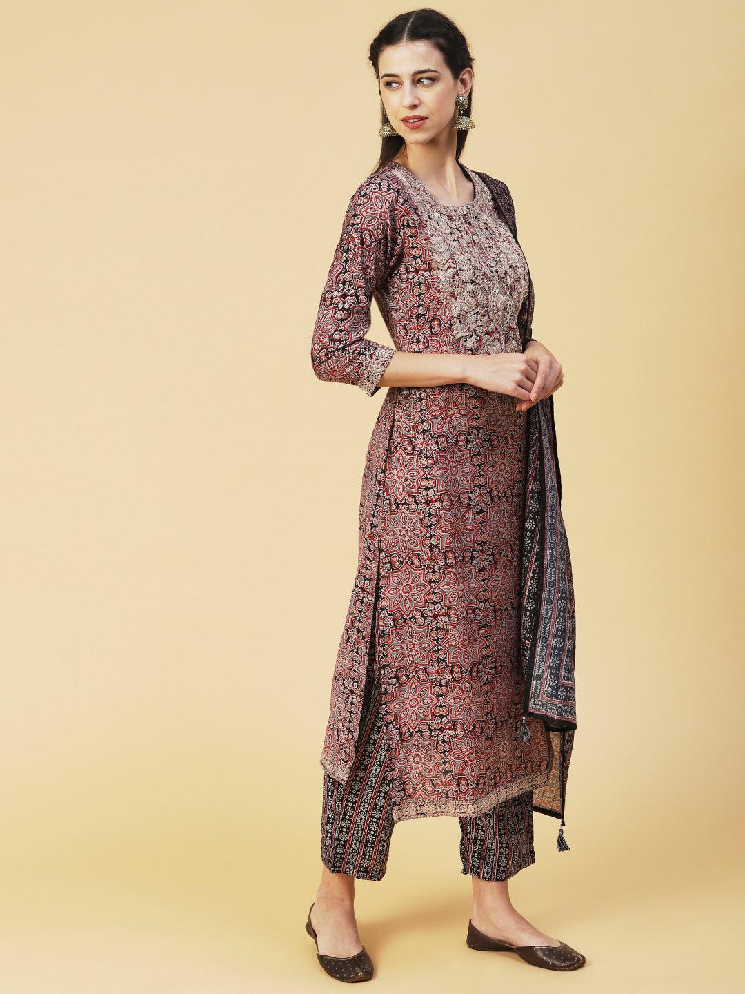 Ethnic Printed Zari Embroidered Kurta With Pants & Printed Dupatta - Maroon - Indiakreations