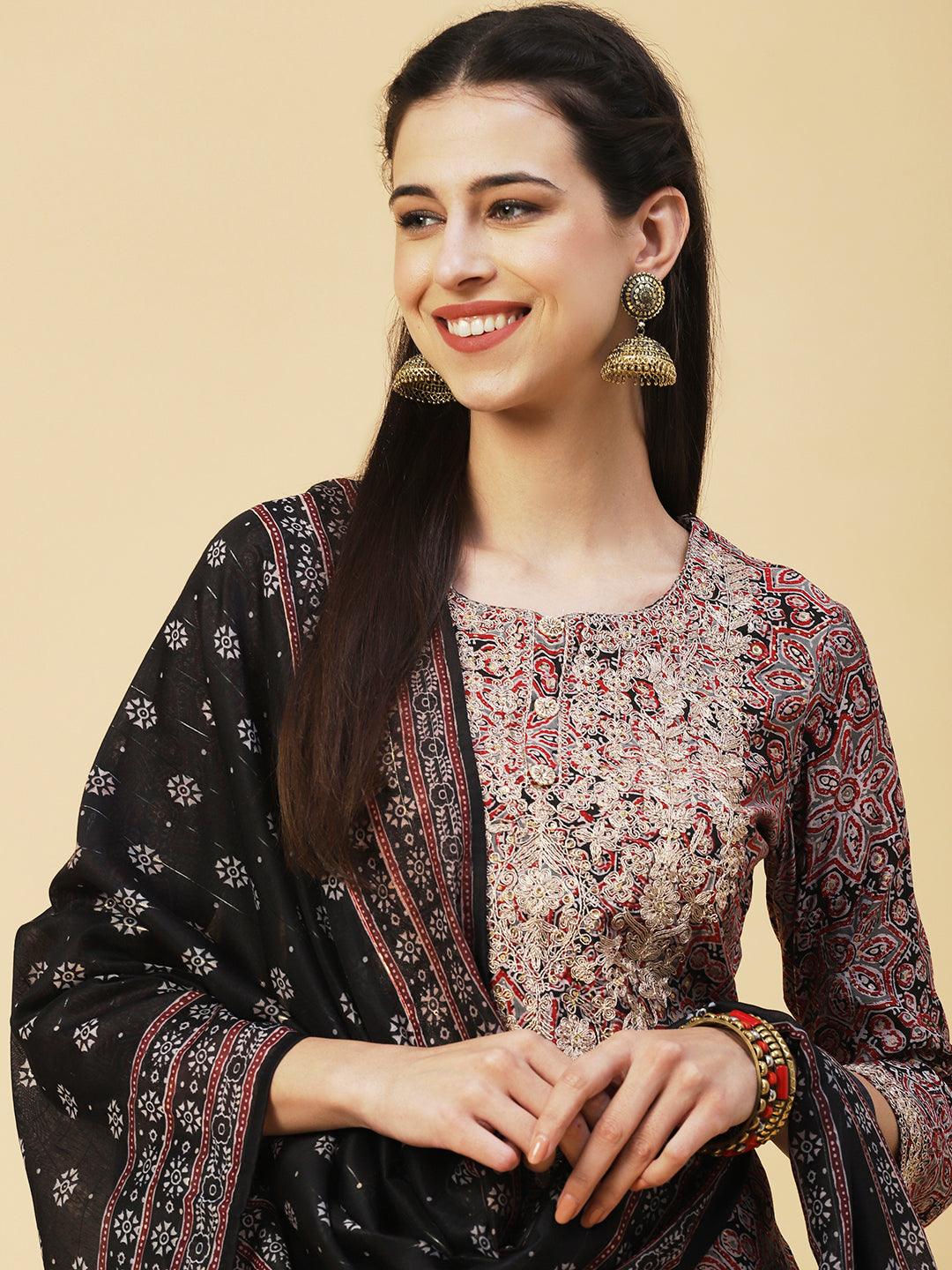 Ethnic Printed Zari Embroidered Kurta With Pants & Printed Dupatta - Maroon - Indiakreations