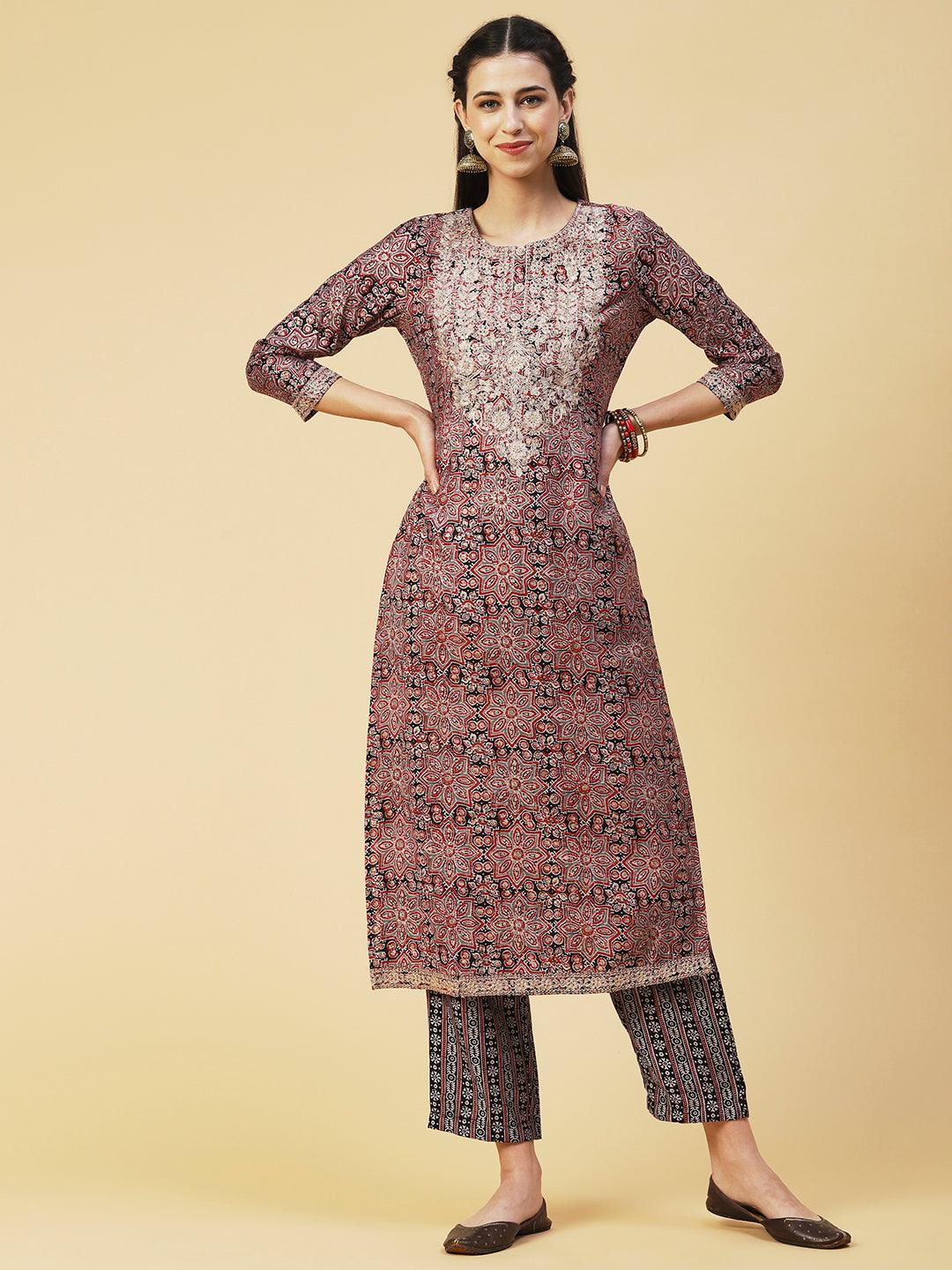 Ethnic Printed Zari Embroidered Kurta With Pants & Printed Dupatta - Maroon - Indiakreations