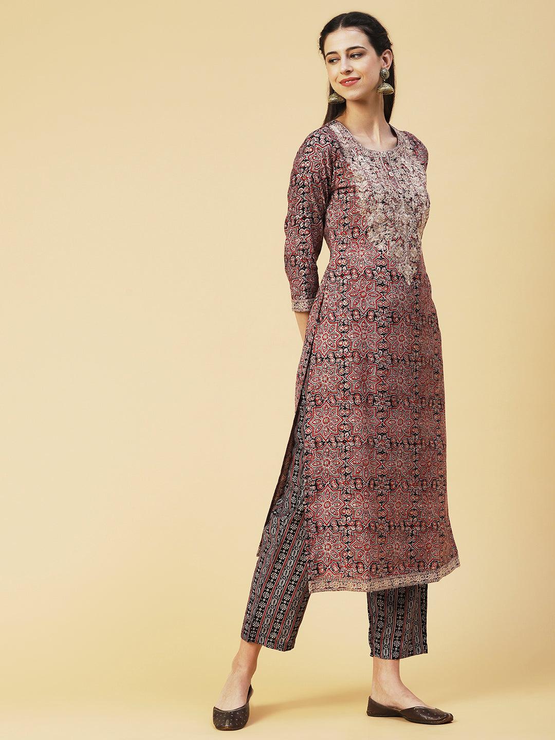 Ethnic Printed Zari Embroidered Kurta With Pants & Printed Dupatta - Maroon - Indiakreations