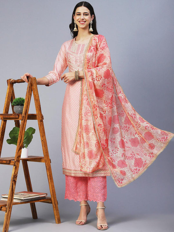 Barfi Printed Resham & Zari Embroidered Kurta With Pants & Dupatta - Peach - Indiakreations