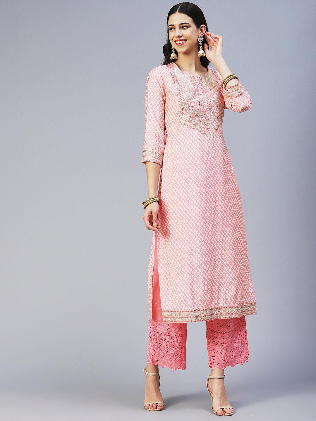 Barfi Printed Resham & Zari Embroidered Kurta With Pants & Dupatta - Peach - Indiakreations