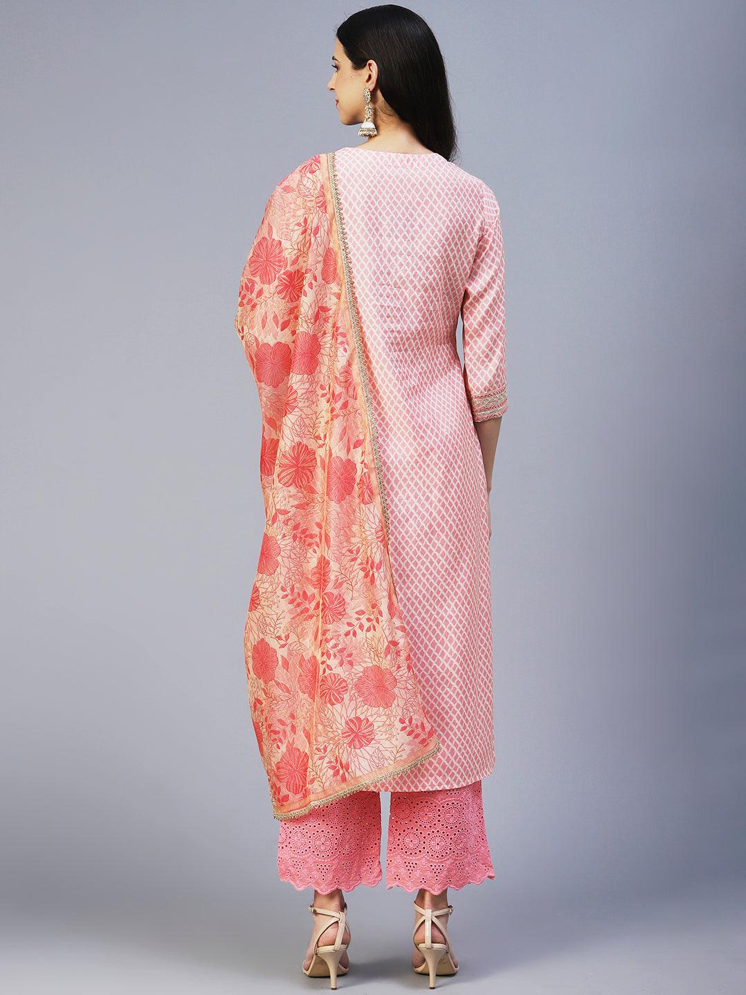 Barfi Printed Resham & Zari Embroidered Kurta With Pants & Dupatta - Peach - Indiakreations