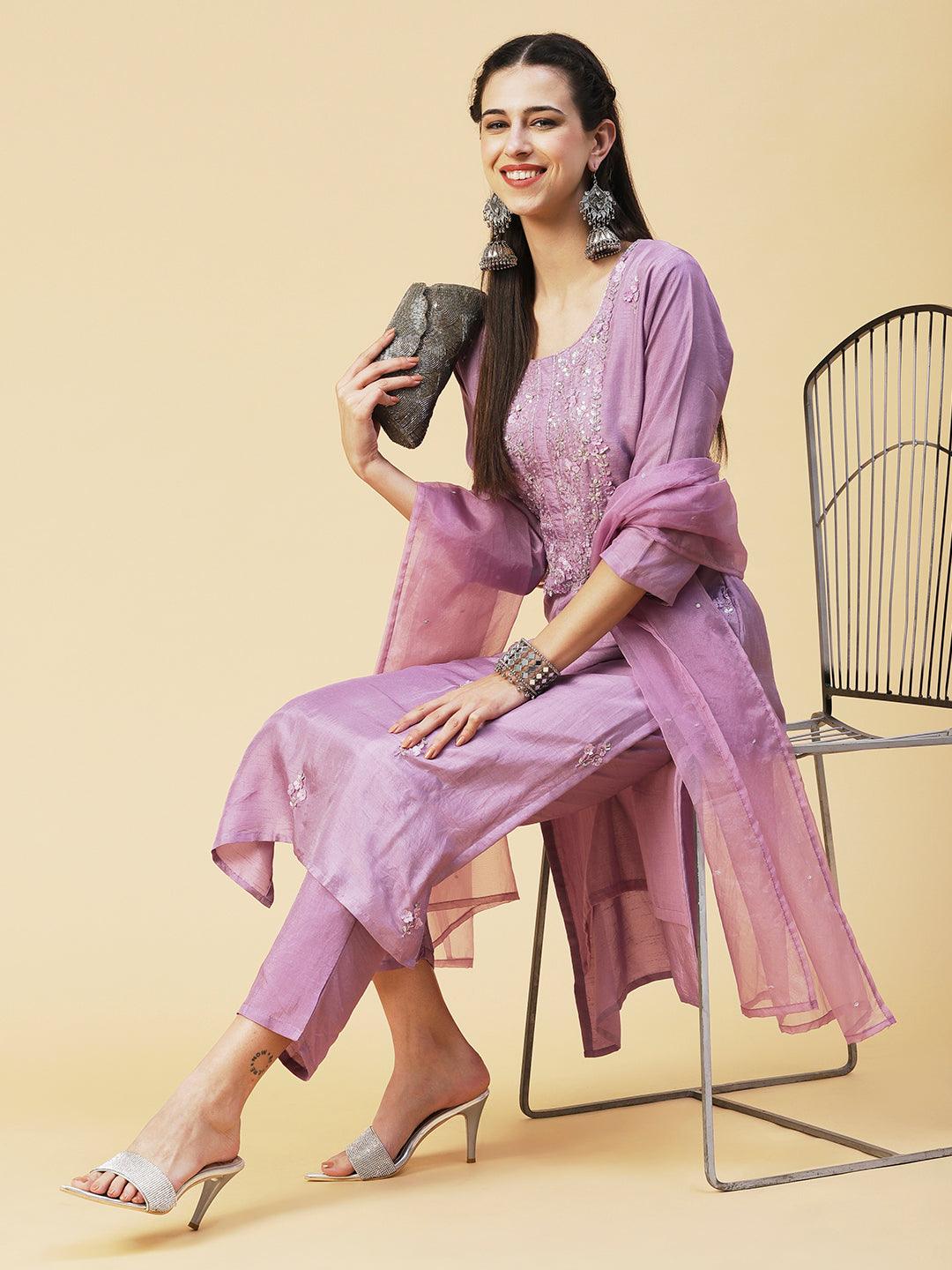 Solid Stylized Applique Embroidered Kurta With Pants & Dupatta - Purple - Indiakreations