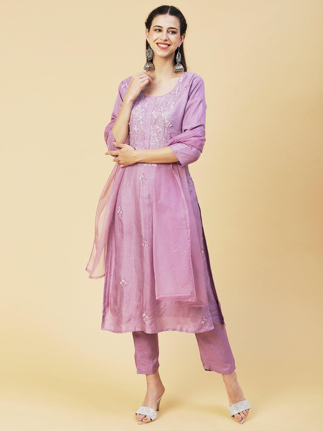 Solid Stylized Applique Embroidered Kurta With Pants & Dupatta - Purple - Indiakreations