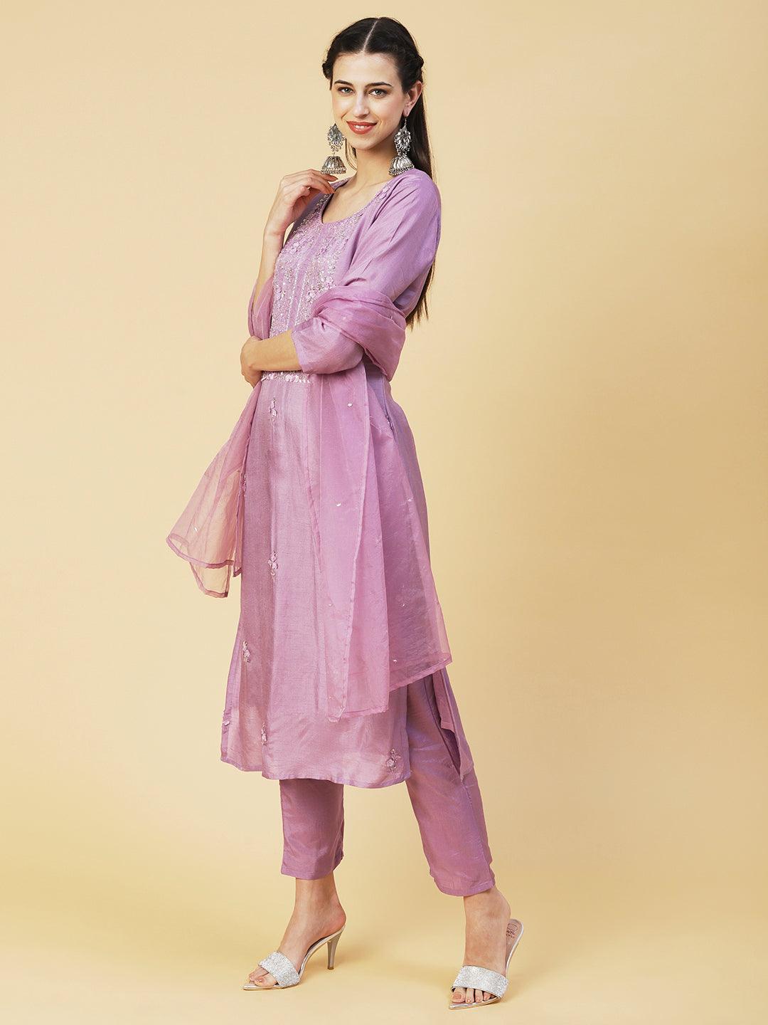 Solid Stylized Applique Embroidered Kurta With Pants & Dupatta - Purple - Indiakreations