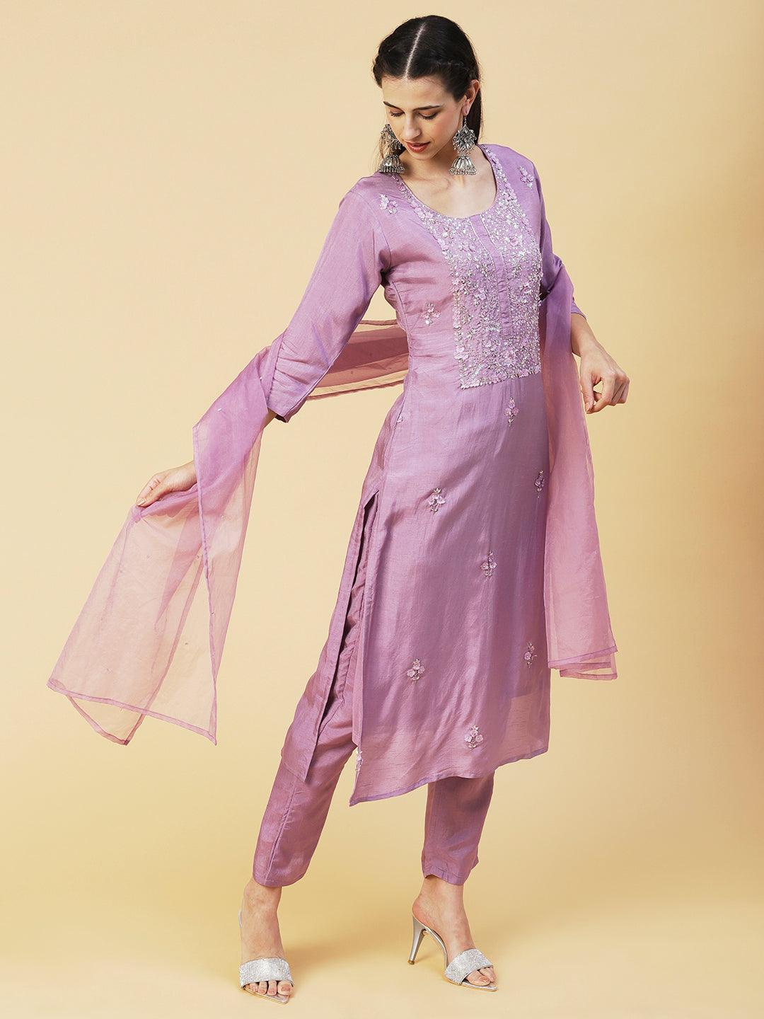 Solid Stylized Applique Embroidered Kurta With Pants & Dupatta - Purple - Indiakreations