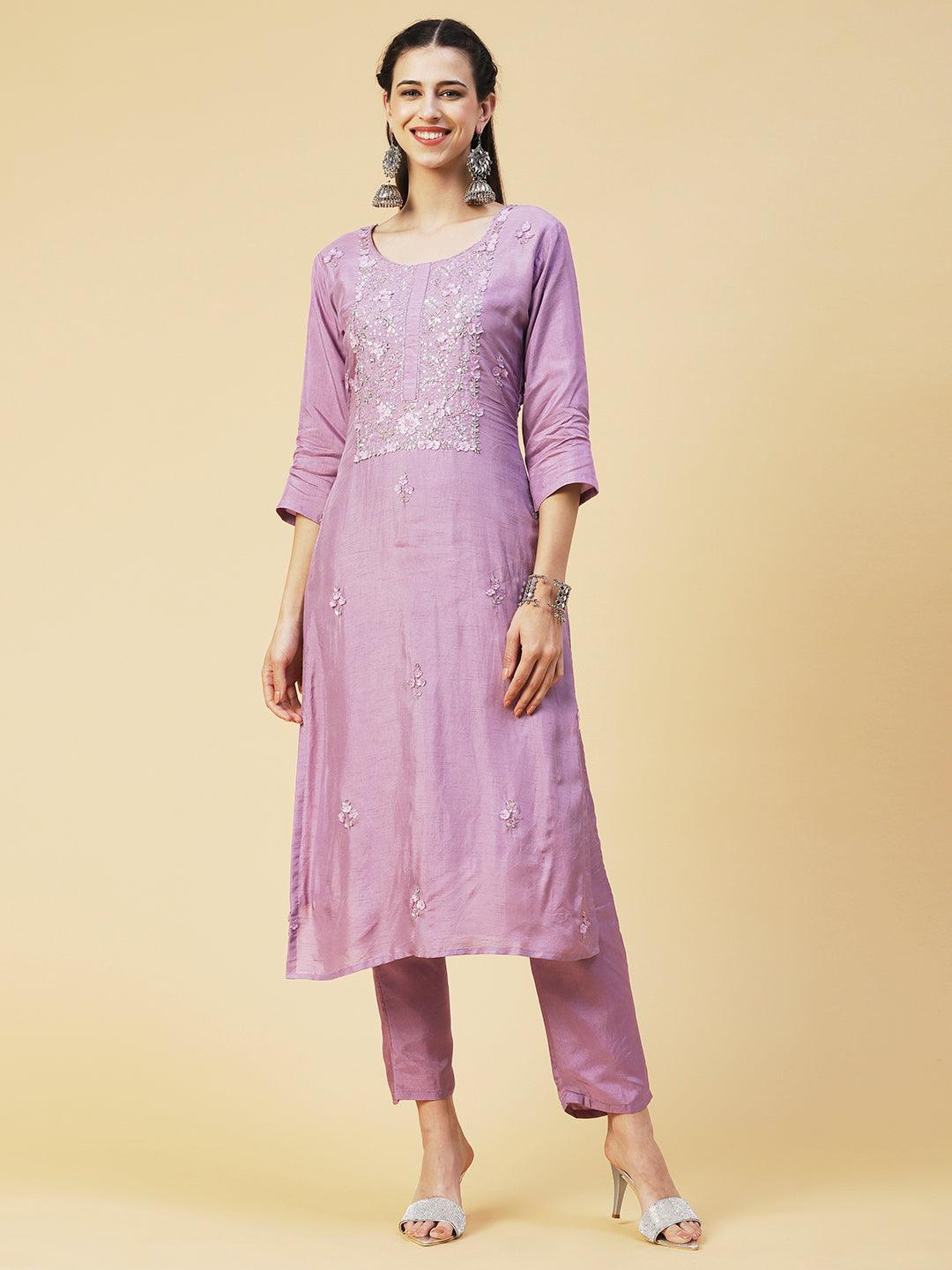 Solid Stylized Applique Embroidered Kurta With Pants & Dupatta - Purple - Indiakreations