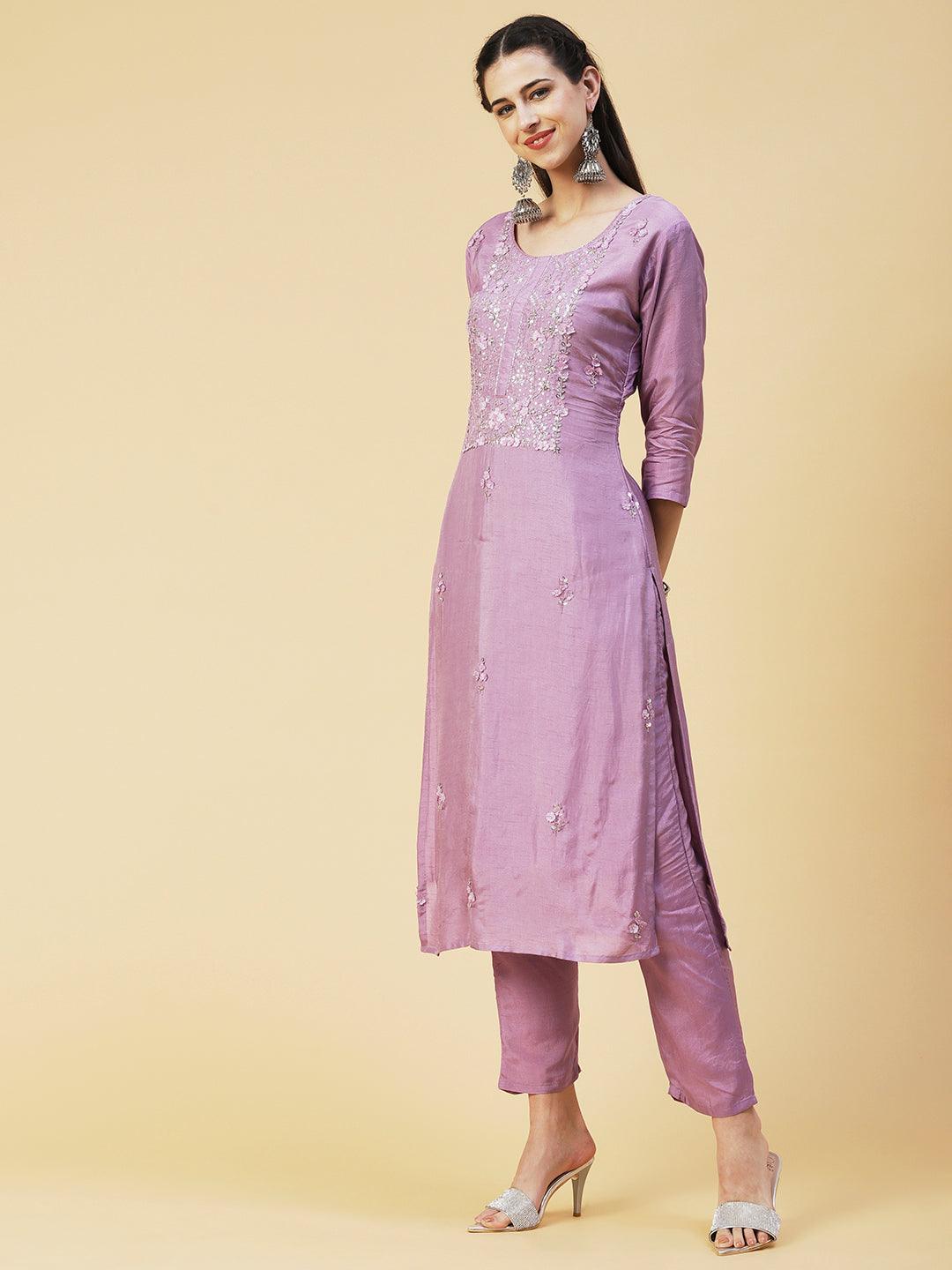 Solid Stylized Applique Embroidered Kurta With Pants & Dupatta - Purple - Indiakreations